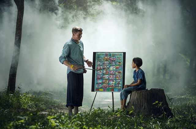 teacher teaching student with display board outside