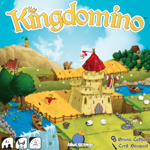 kingdomino box cover with castle, sky, and tower